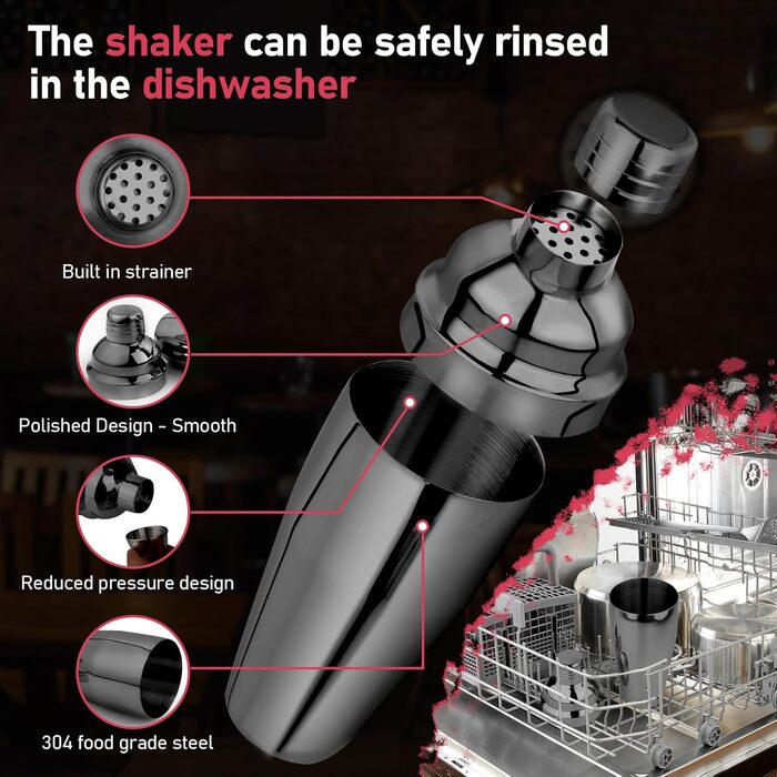 Набір шейкер для коктейлів 750 мл: професійний барменський набір з вбудованим ситом, мірним стаканчиком та ложкою. Ідеально для Мартіні, Маргарити та міксологiчних напоїв. Чорний.