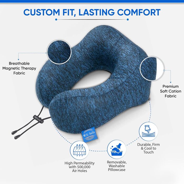 Подушка для шиї W.S. Sells з піною Memory Foam, комплект для подорожей (маска для сну, навушники, чохол), для літака, авто, пригод (темно-синій)