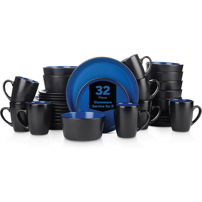 Набір посуду Stone Lain Albie Steinzeug 16 шт. (32 шт. на 8 осіб) – сучасний сервіз, рожевий, синій, чорний