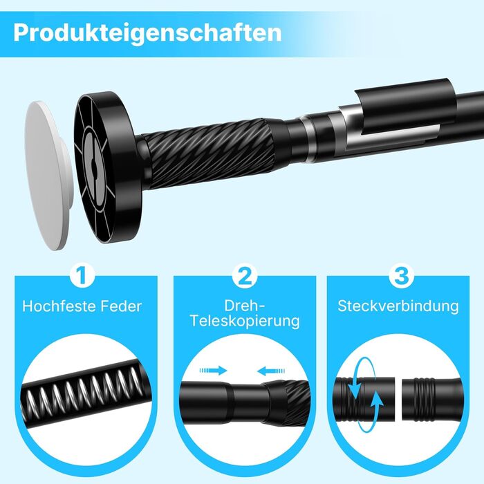 Штанга для карнизи без свердління, 100-230 см, регульована телескопічна штанга для душу, вікна та балкону (діаметр 25 мм, чорний)