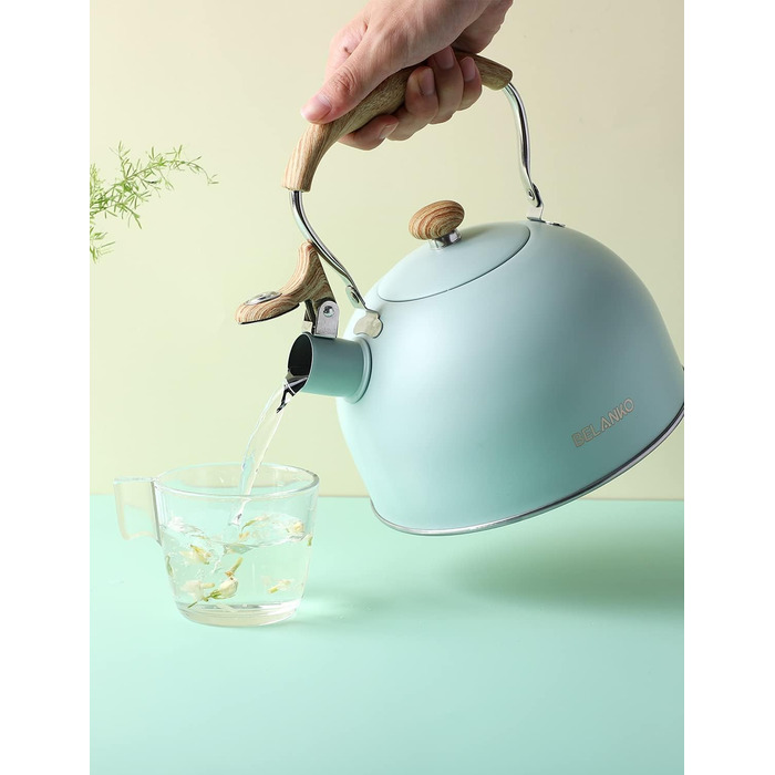 Чайник BELANKO з свистком, 2.5 л, нержавіюча сталь, з дерев'ястим декором, складна ручка, для чаю, кави, молока – блакитний