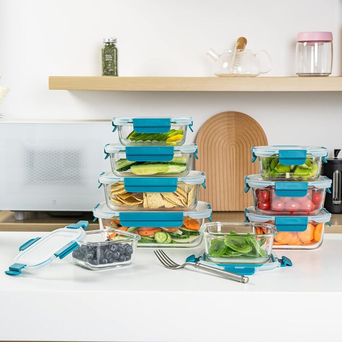 Набір контейнерів для зберігання продуктів Glas, 18 частин (9 контейнерів, 9 кришок), BPA-free, підходить для миття в посудомийній машині, мікрохвильовій печі та морозильній камері, виготовлені з скла, витікання неможливе, колір: бірюзовий