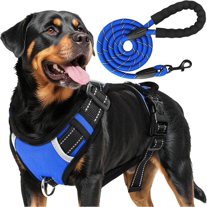 Нашийник для собак великих порід з ручкою, не тягне, дихаючий, з підкладкою, безпечний, світловідбиваючий, з поводом, для тренувань та активного відпочинку, блакитний