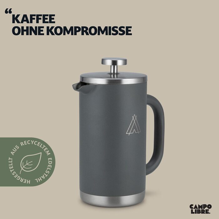 Campo Libre.® Giorgio. French Press Coffee Maker made of double-walled stainless steel 0.6l | plastic-free coffee press with thermal function incl. replacement filter | coffee maker | 100% recycled stainless steel 600ml Deep Grey