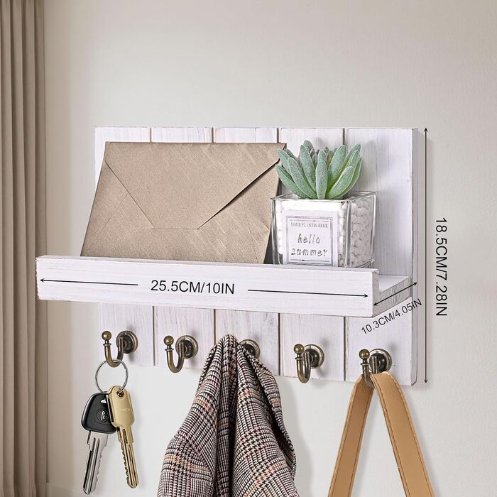 Дерев'яне ключниця з полицею, 5 гачків, для прихожей, вітальні, спальні, світло-білий колір