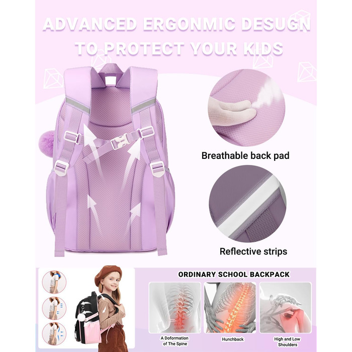Дитячий рюкзак для школи DivingBirds для дівчаток 2-7 клас, 22L | Легкий, з дихаючим вкладишем спинки та м'якими лямками | Рюкзак для підлітка 7-10 років (фіолетовий)