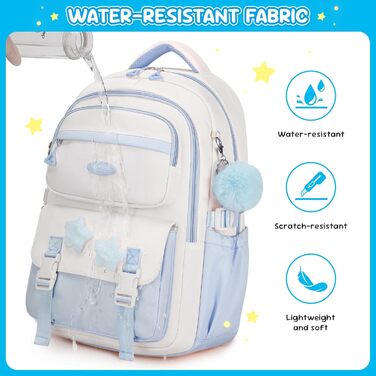 Дитячий рюкзак для школи 3-5 клас, великий рюкзак з помпоном та зірочками, легкий рюкзак-тележка для підлітків, блакитний