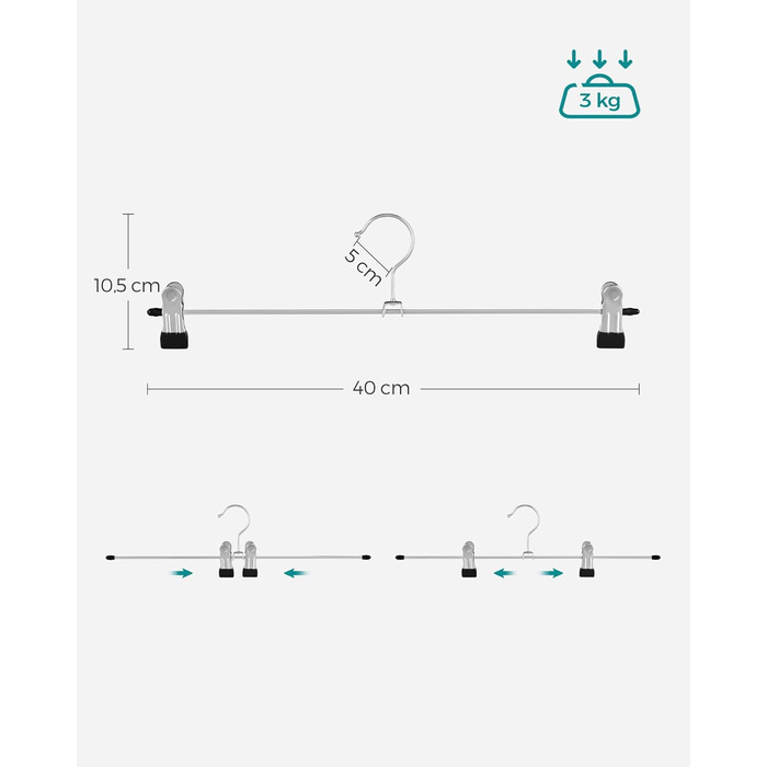 Набір вішалок для штанів SONGMICS (20 шт.), 40 см, чорно-срібні, з регульованими кліпсами