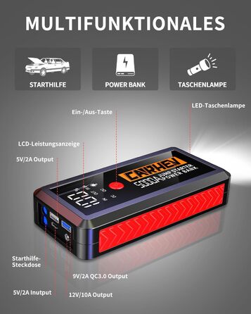Powerbank для авто Starthilfe 5000A: пускова станція, 12V, до 8.0L бензин/дизель, USB, LED ліхтарик