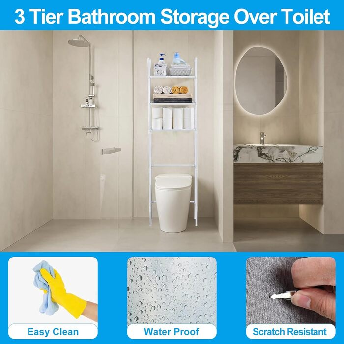 LIUBEI 3-Tier Toilet Shelf, Bathroom Shelf Space-Saving, White Bathroom Organizer Shower Shelf Easy Installation