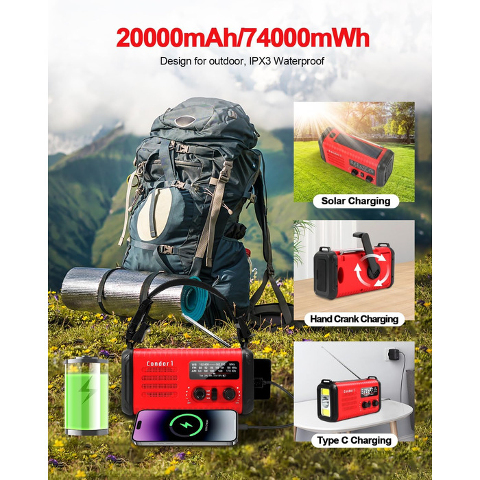 Радіо Kurbelradio на сонячній енергії 20000mAh з AM/FM, SOS-сигналом, LED-ліхтариком та USB-зарядкою, червоне