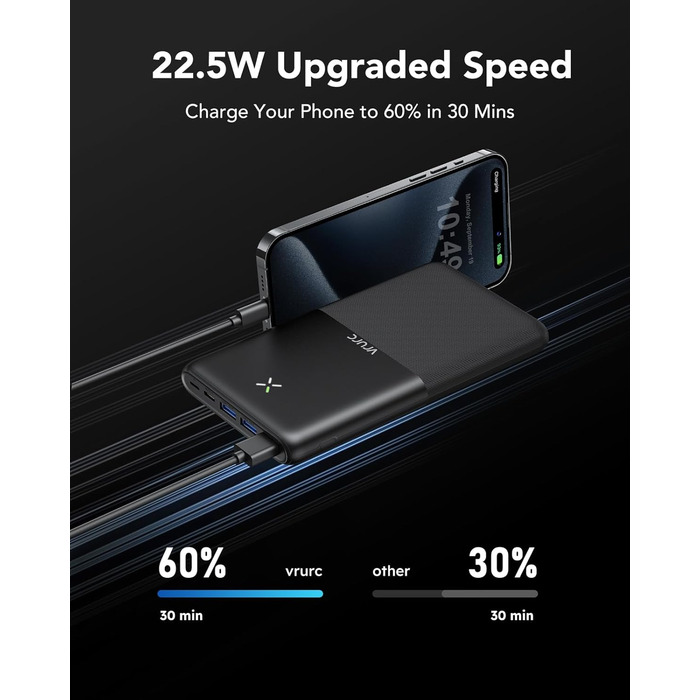 Power Bank VRURC 30000mAh 22.5W з 4 виходами та 3 входами: зарядний пристрій для iPhone, Huawei, планшетів (чорний)