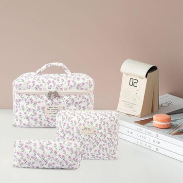 Набір косметичок для подорожей для жінок, 3 шт. з бавовни, великі культки з квітковим принтом для косметики та аксесуарів (фіолетовий павіан)