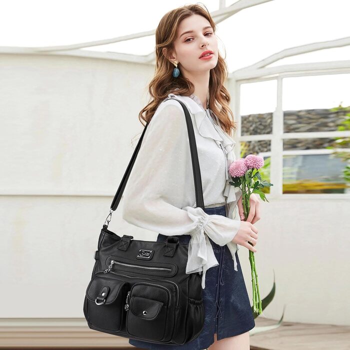 Сумка жіноча KL928 через плече, велика, чорна, PU шкіра, з багатьма відділеннями