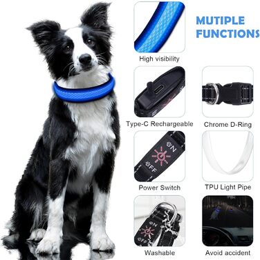 Світлодіодне нашийник для собак AUAUY, USB-зарядка, водонепроникний, регульований, 6 кольорів, розмір S (11.8-15.7'/30-40 см), колір: блакитний