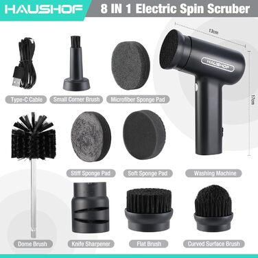 Електрична щітка для прибирання HAUSHOF з акумулятором, підставка, LCD дисплей, 3 швидкості, скрубер з 7 насадками та точилка для ножів, для ванної, кухні, плитки