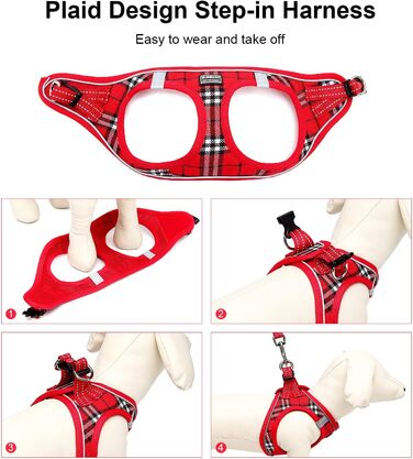 Шлейка для собак Suredoo для маленьких собак з повідком, анти-тягнуча, світловідбиваюча, дихаюча, нагрудна, для цуценят (Червоно-біла клітинка, M, Обхват грудей: 34-39см)