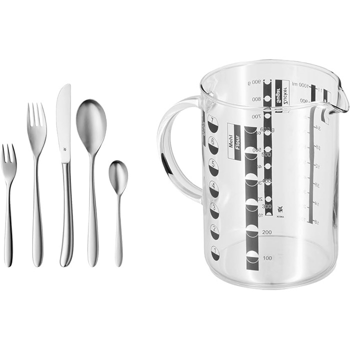 WMF Silk 12-Person Cutlery Set, 60-Piece Dinner Cutlery & Gourmet Measuring Cup Glass 1L, Heat-Resistant Glass, Measuring Cup 1L, Scale for Liters, Milliliters, Cups, and Grams, Transparent Silk 60-Piece Bundle with Measuring Cup