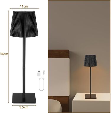 LED настільна лампа на акумуляторі, бездротова диммируемая лампа з сенсорним керуванням, 3 режими світла, перезарядна лампа з USB, водонепроникна IP54, для спальні, бару, ресторану (чорний)