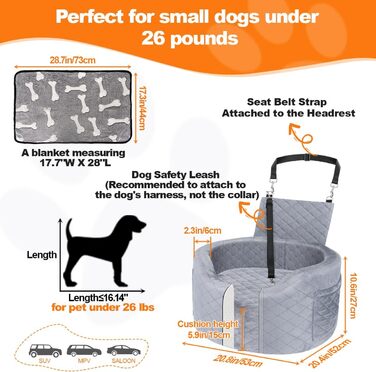 Автокрісло для собак - чорне автокрісло-бустер для маленьких собак з 28D Memory Foam, неслизька та водонепроникна підкладка, переносна клітка з кишенями для зберігання та ковдрою, чорний (02-Сірий)