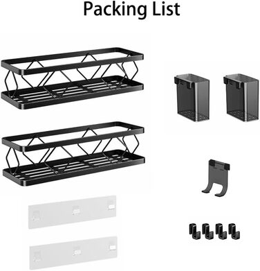 Полиця для душу без свердління, чорна, 2 шт. - полиці для душу з нержавіючої сталі, 5 гачків та 2 тримачі для зубних щіток, самоклеюча органайзер для ванної кімнати, кухні, вантажопідйомність 16 кг