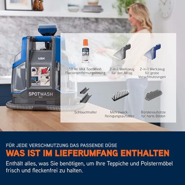 Портативний відпарювач для килимів та м'яких меблів Vax SpotWash Duo з насадкою для тварин, аксесуари для щоденного прибирання, насадки для різних поверхонь та розчин Spotwash Duo EU
