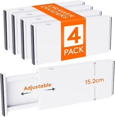 Lifewit Drawer Dividers Set, Plastic, for Internal Length 27–40cm & Height >10.5cm Drawers, Adjustable Organizer System for Closet/Bedroom/Dresser/Kitchen/Office, White (4, for Internal Length 34–50cm & Height ≥15.5cm)