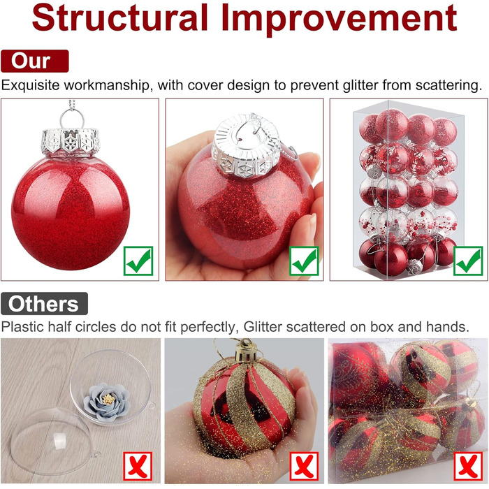 Набір прикрас на ялинку: 30 пластикових кулі діаметром 6 см (червоні)