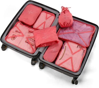 Органайзери для валізи: 8 комплектів, 7 кольорів. Організатори для подорожей, водонепроникні мішки для взуття, компресійні мішки. (Персиковий рожевий)