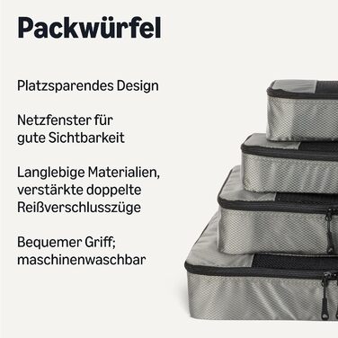 Органайзер для подорожей Amazon Essentials, набір 8 шт., з подвійним замком, 100% поліестер, різні розміри (1 великий, 1 середній, 1 маленький, 1 вузький), сірий
