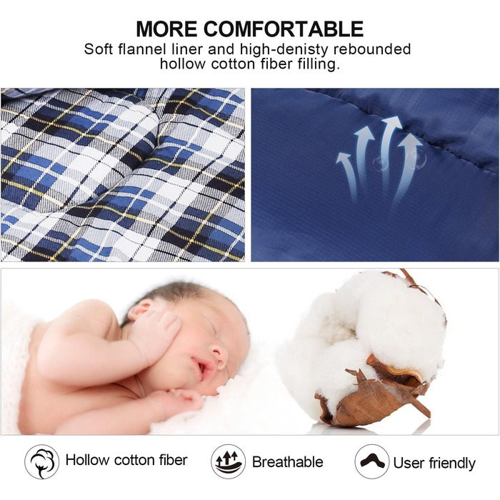 Спальний мішок Redcamp з бавовняного фланнелю для кемпінгу, 3-сезонний, теплий та зручний, вага наповнювача 1.8-4 кг, темно-синій