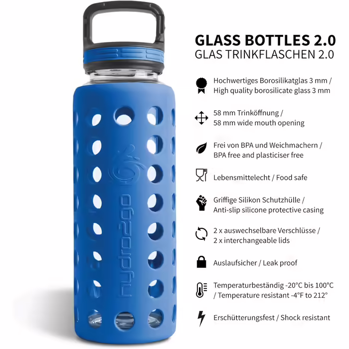 Glass Drinking Bottle with Silicone Sleeve – 100% Leak-Proof, BPA-Free, Dishwasher Safe, 2 Replaceable Lids – Ideal for Office, Fitness, Yoga, Sports & Outdoor (Navy Blue 2.0) – 950 ml