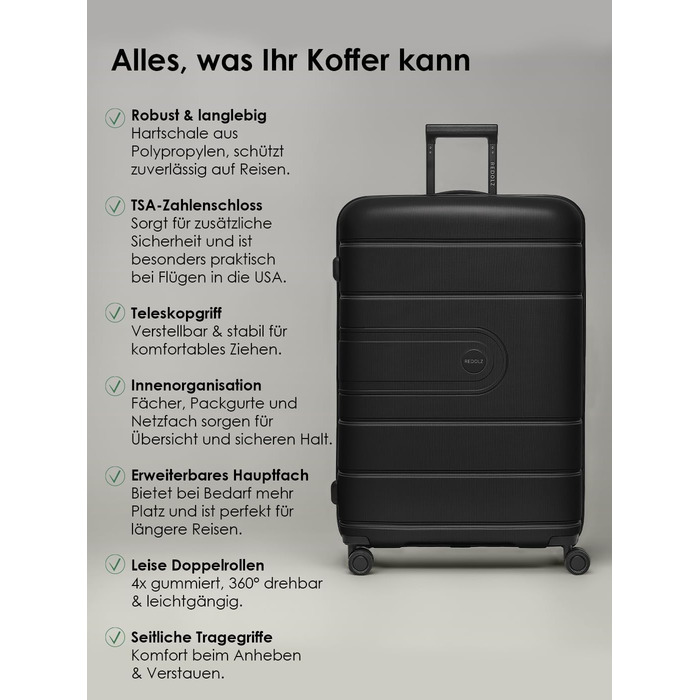 Набір валіз REDOLZ 3 шт. з розширенням | Чорний | З TSA-замком та подвійними колесами | З легкого поліпропілену