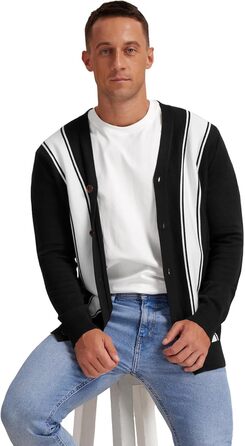 Чоловічий в'язаний кардиган вінтажний з ґудзиками, V-подібний виріз, легкий для осені/зими (смугастий чорно-білий, M)