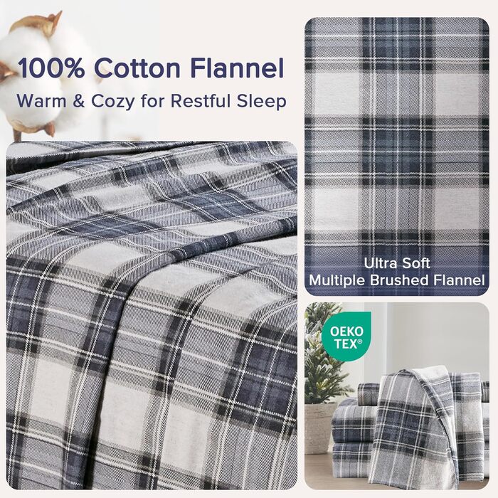 Comfort Spaces Cotton Flannel Sheet Set with Pillowcases, Breathable, Warm, Deep Pocket, for King Size Beds, Blue Tartan, Scottish Plaid Pattern, 4-Piece