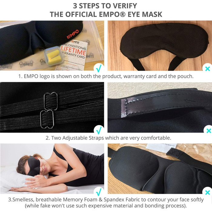 Маска для сну EMPO з м'якої пам'яті (Memory Foam), 3D, з регульованими ремінцями та берушами