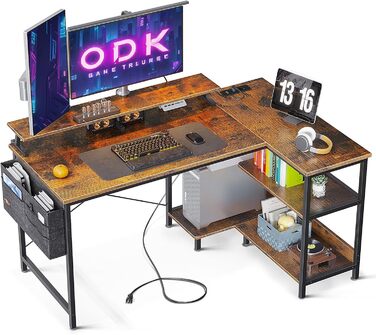 Ігровий стіл ODK у формі L, 120x80 см з полицею, кутовий стіл з USB-портом та розеткою, стіл для офісу/домашнього офісу, коричневий