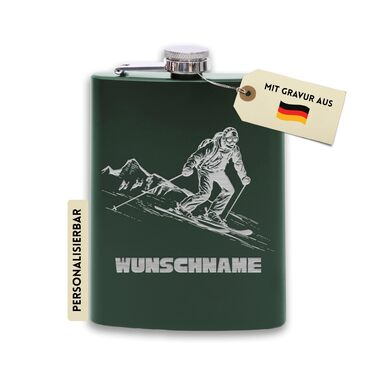 Фляга з нержавіючої сталі з гравіюванням Flanacom, 227 мл, з воронкою. Ідеальний подарунок для любителів катання на лижах. Персоналізована з індивідуальним гравіюванням (дизайн 4, зелений)