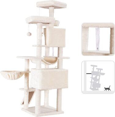 Великий котячий будиночок Hey-brother Kratzbaum XXL, 180 см, стабільний з сизалевим мотузком, велике дряпальний борд, кошик, 3 платформи та 2 будиночки (Бежевий)
