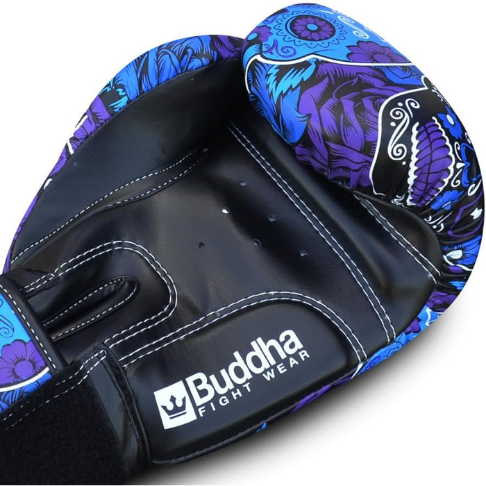 Buddha Fight Wear Luzbel Boxing Gloves - Muay Thai & Kickboxing - Premium PU Leather - Odor Resistant - Reinforced Stitching - Various Designs (16oz, Purple)
