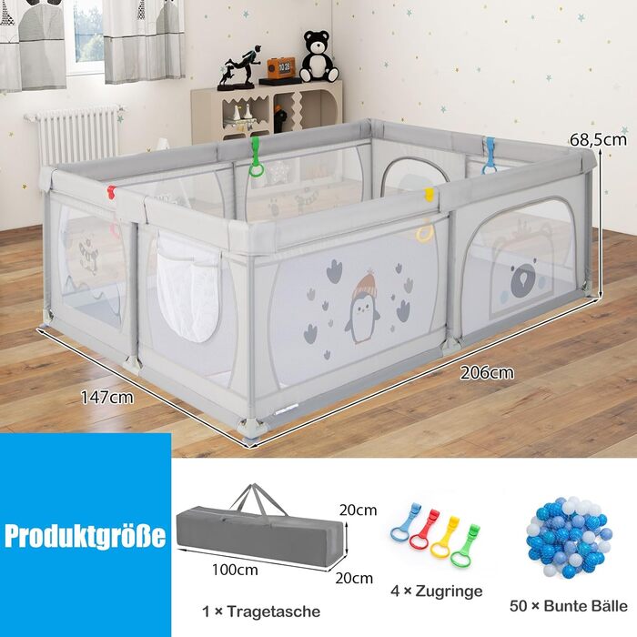 COSTWAY 205 x 147cm Playpen Baby foldable, Playard with 50 balls, 2 doors, side pocket, breathable mesh & zipper, playpen tent for infants & toddlers (Gray-Penguins) Gray-Penguins Without mattress