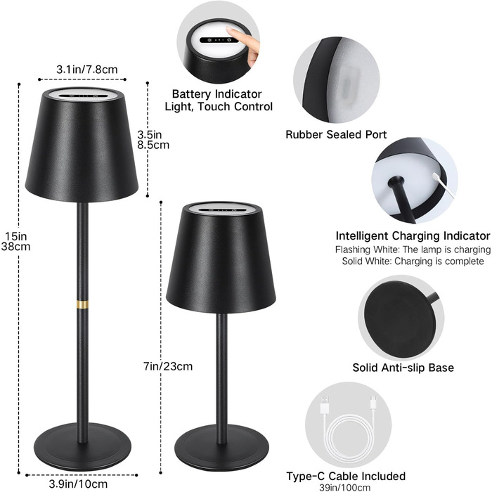 OUTON LED Настільна лампа 2 шт. Бездротова з зарядкою, сенсорне керування, 3 режими, IP54, 30 годин роботи, для дому та відпочинку, чорна