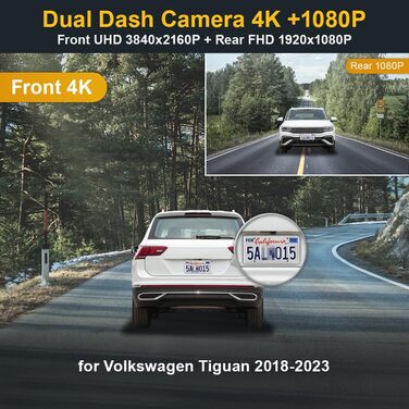Автореєстратор Fitcamx 4K UHD для VW Tiguan 2016-2024, відеореєстратор з WiFi, паркувальним монітором, G-сенсором та циклічним записом, OEM дизайн, Plug & Play, карта пам'яті 64GB (Front 4K, Rear 1080P, HD2-6179)