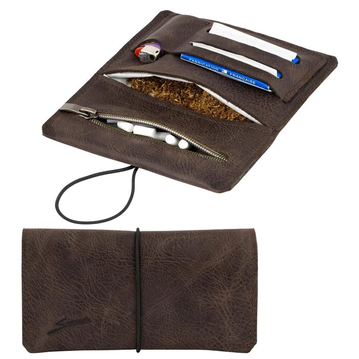 Leather Tobacco Pouch for 30g Tobacco Bags, Genuine Leather Rolling Pouch including Filter Compartment and Rolling Papers Holder (Dark Brown)