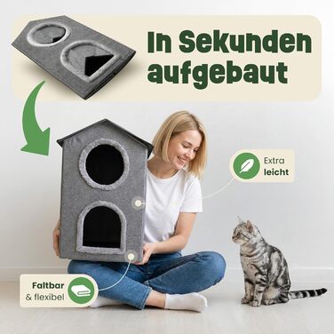 Кігтеточка-будиночок Zooprinz для котів – затишна печера, тепле ліжко для котів, великих котів, ліжко для котів з подушкою, кімнатний будиночок-кігтеточка, притулок та місце для відпочинку (Антрацит, 46 × 41,5 × 60 см)