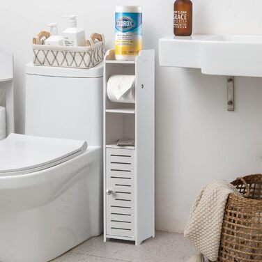 PVC Toilet Paper Holder with Brush - 2-in-1 Bathroom Cabinet - White, 76cm Tall with Roller
