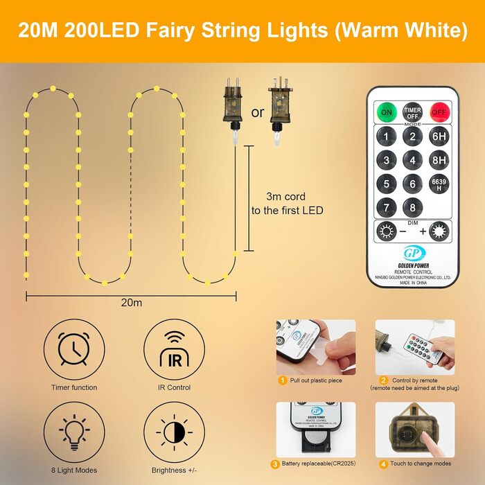 LED гірлянда світлодіодна 23м, 200 LED, струмова, водонепроникна, таймер, 8 режимів, для декору приміщень та вулиці, на Різдво, Великдень, вечірку, Кімнатна гірлянда, Кількість: 1 шт, Колір: Холодне біле світло