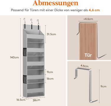 Органайзер для підвішування Lifewit Türorganizer з 5 полицями та 4 кишеньками, сірий, 20 кг
