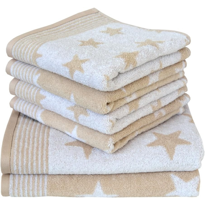 Dyckhoff Stars Frottier Towel Set, Cotton, Sand, 4x Towel 50x100cm, 2x Bath Towel/Shower Towel 70x140cm