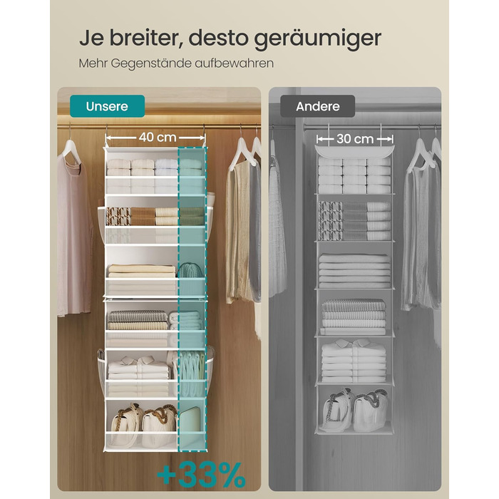 Органайзер для шафи SONGMICS, роздільник полиць, навісна полиця, розкладний органайзер, металеві гачки та бамбукові вставки, білий (RCH007W01)